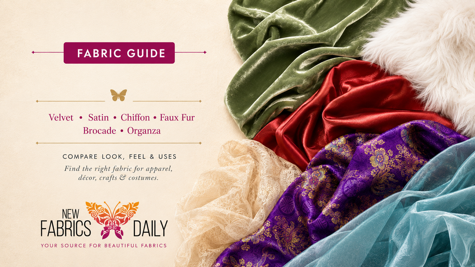 New Fabrics Daily fabric guide featuring velvet, satin, chiffon, faux fur, brocade and organza.