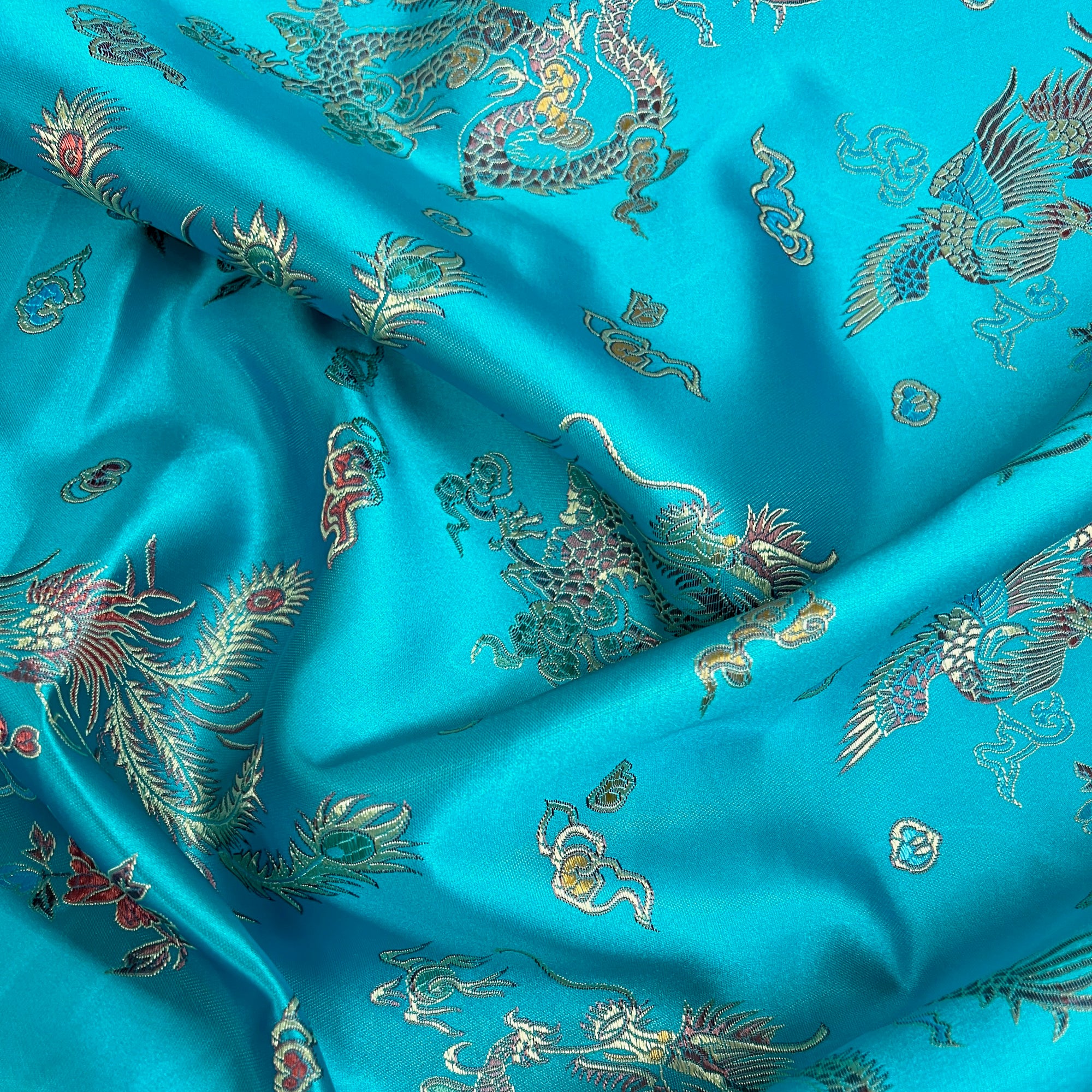 Hope TURQUOISE Dragon Brocade Chinese Satin Fabric by the Yard