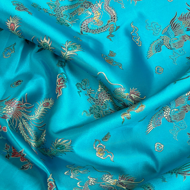 Hope TURQUOISE Dragon Brocade Chinese Satin Fabric by the Yard