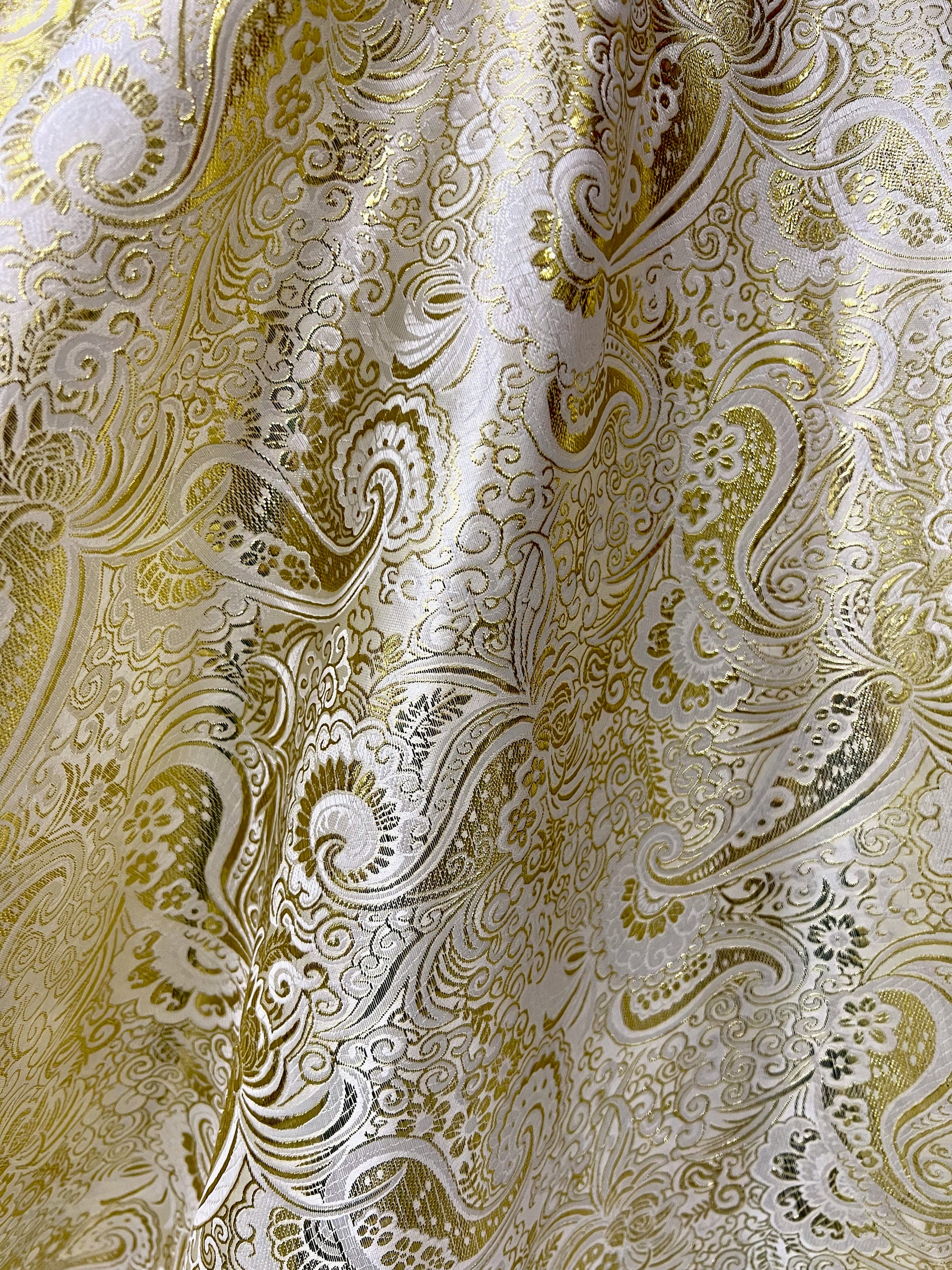 Brynn IVORY GOLD Paisley Floral Brocade Chinese Satin Fabric by the Yard