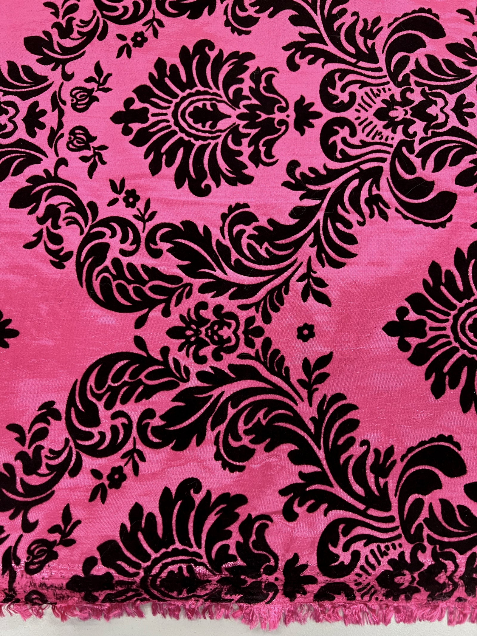 Amanda FUCHSIA Taffeta with Black Velvet Flocked Damask Fabric by the Yard - 10078