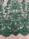 Daphne HUNTER GREEN Faux Pearls Beaded Flowers and Vines Lace Embroidery on Mesh Fabric by the Yard