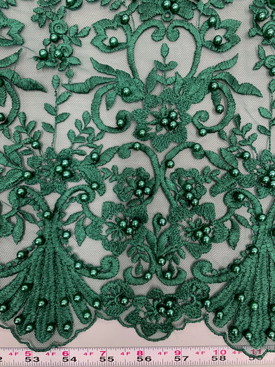 Daphne HUNTER GREEN Faux Pearls Beaded Flowers and Vines Lace Embroidery on Mesh Fabric by the Yard