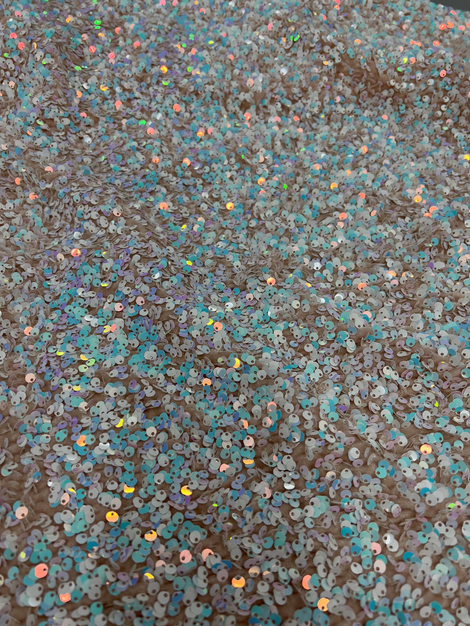 Stephanie IRIDESCENT WHITE Overlap Sequins on NUDE Stretch Velvet Fabric