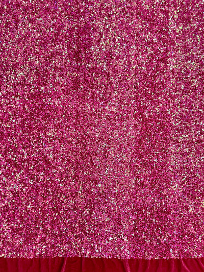 Stephanie IRIDESCENT FUCHSIA Overlap Sequins on FUCHSIA Stretch Velvet Fabric