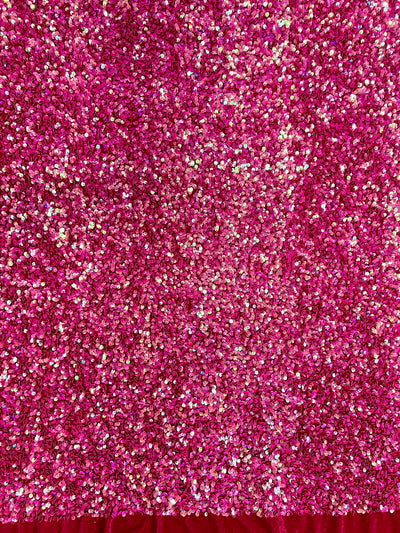 Stephanie IRIDESCENT FUCHSIA Overlap Sequins on FUCHSIA Stretch Velvet Fabric