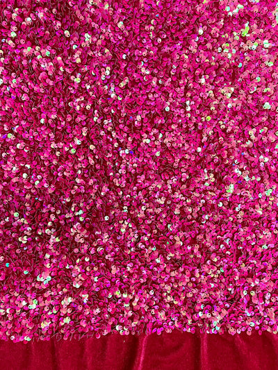 Stephanie IRIDESCENT FUCHSIA Overlap Sequins on FUCHSIA Stretch Velvet Fabric