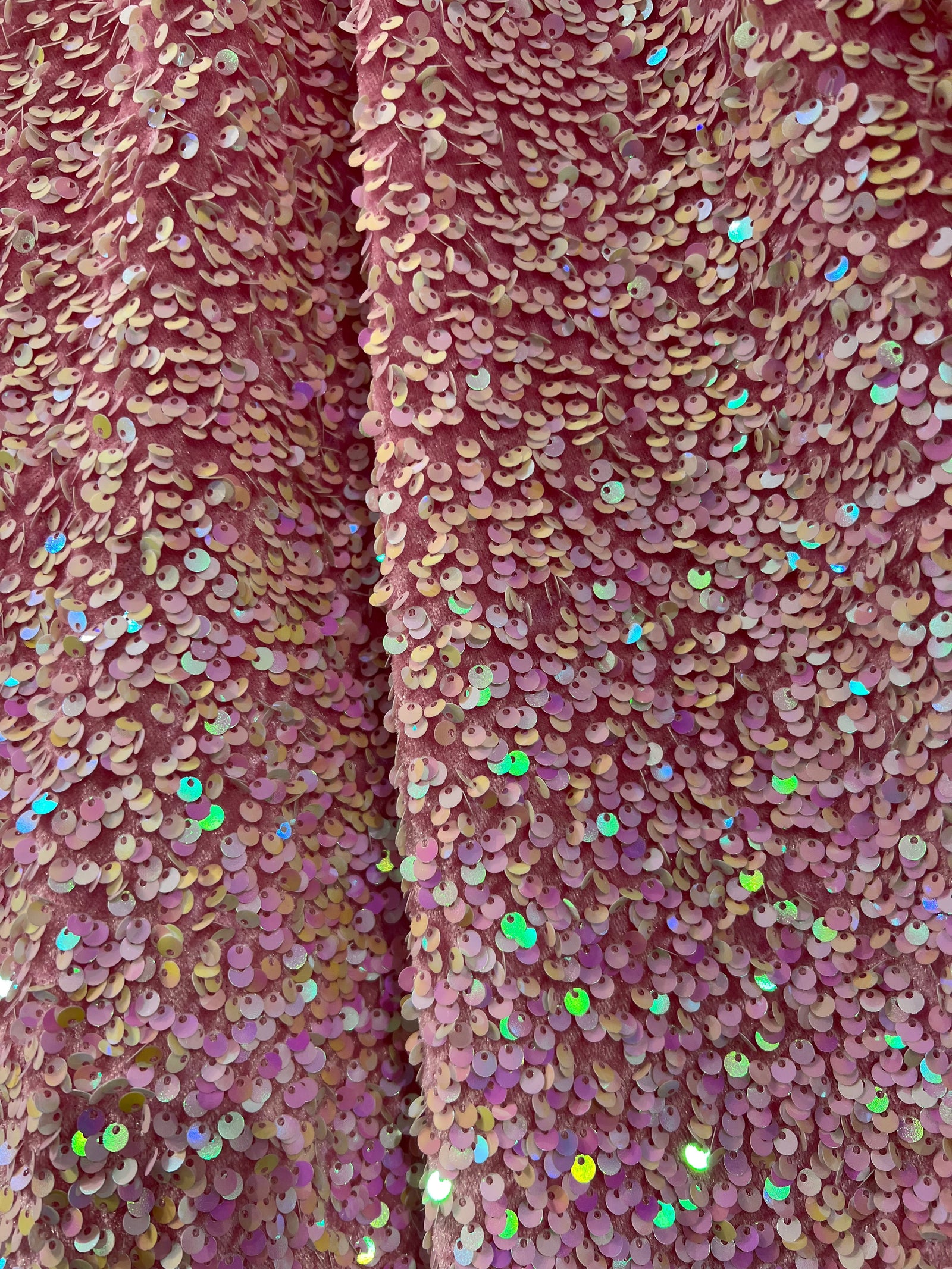 Stephanie IRIDESCENT LIGHT PINK Overlap Sequins on LIGHT PINK Stretch Velvet Fabric