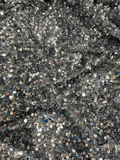 Stephanie SILVER GREY Overlap Sequins on GREY Stretch Velvet Fabric