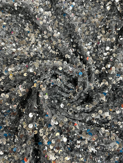 Stephanie SILVER GREY Overlap Sequins on GREY Stretch Velvet Fabric