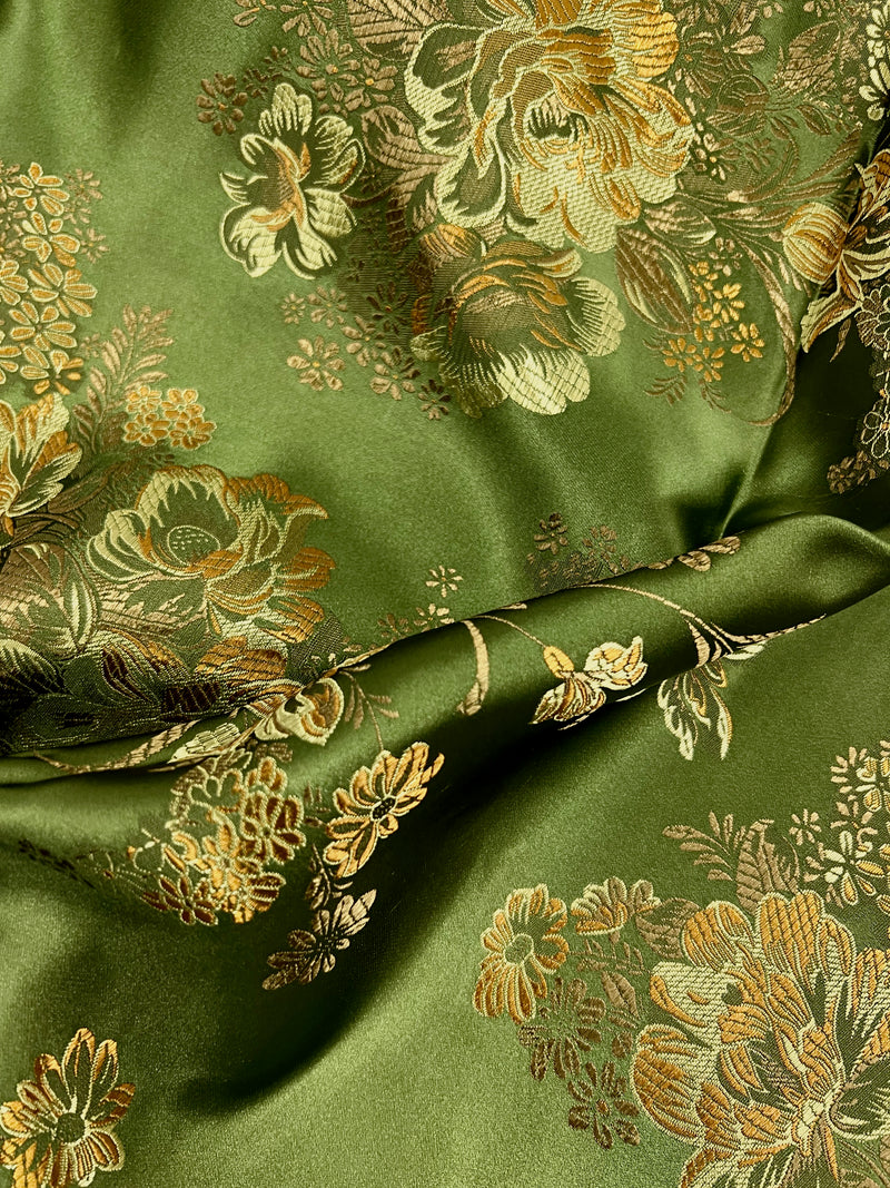 Anais OLIVE Floral Brocade Chinese Satin Fabric for Cheongsam/Qipao, Apparel, Costumes, Upholstery, Bags, Crafts