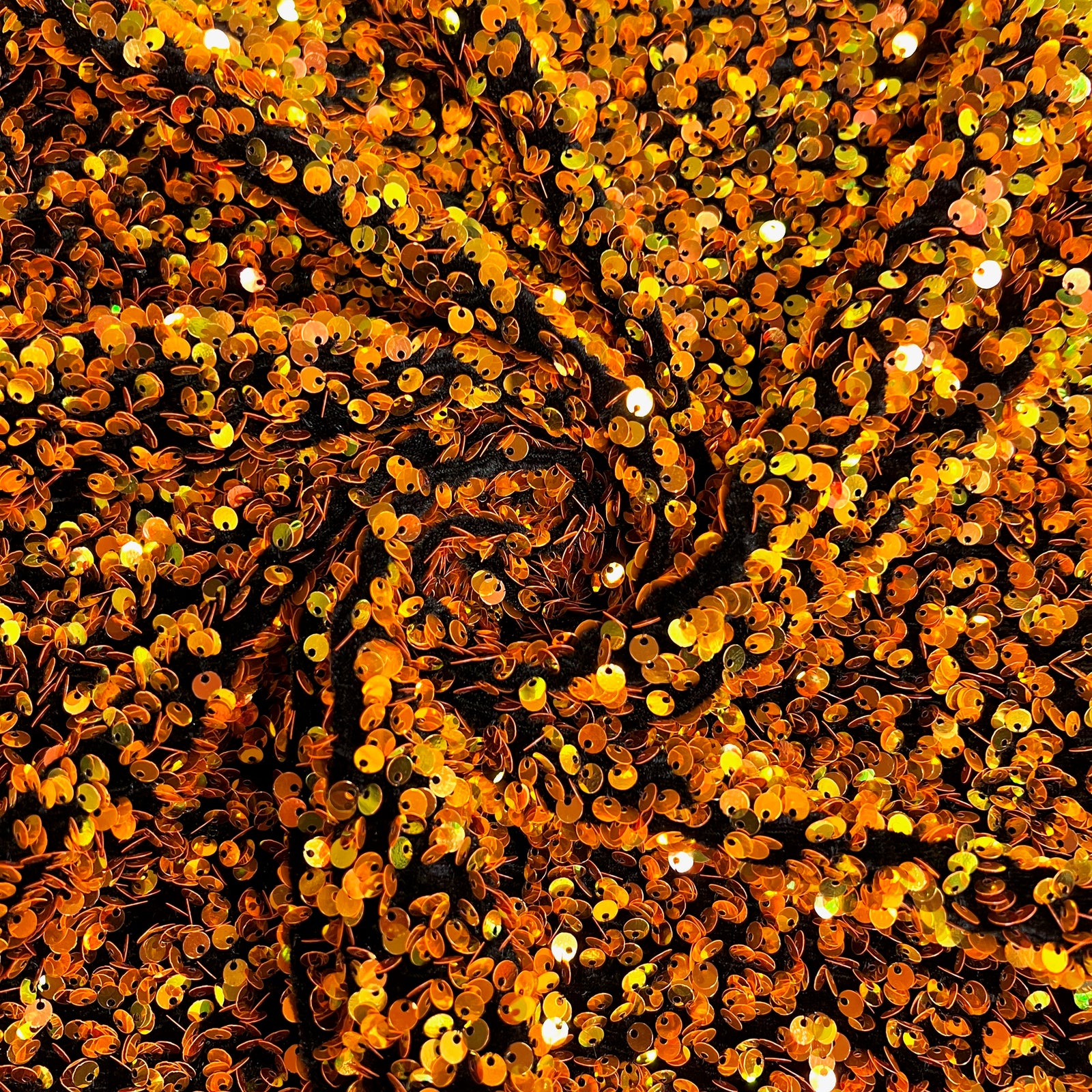 Stephanie IRIDESCENT ORANGE Overlap Sequins on BLACK Stretch Velvet Fabric