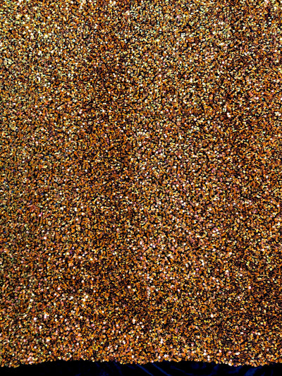 Stephanie IRIDESCENT ORANGE Overlap Sequins on BLACK Stretch Velvet Fabric