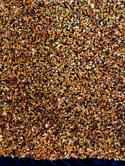 Stephanie IRIDESCENT ORANGE Overlap Sequins on BLACK Stretch Velvet Fabric