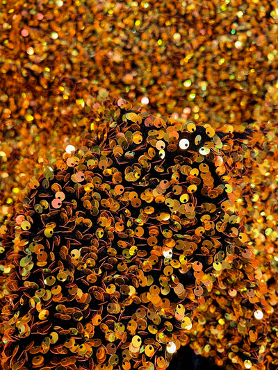 Stephanie IRIDESCENT ORANGE Overlap Sequins on BLACK Stretch Velvet Fabric