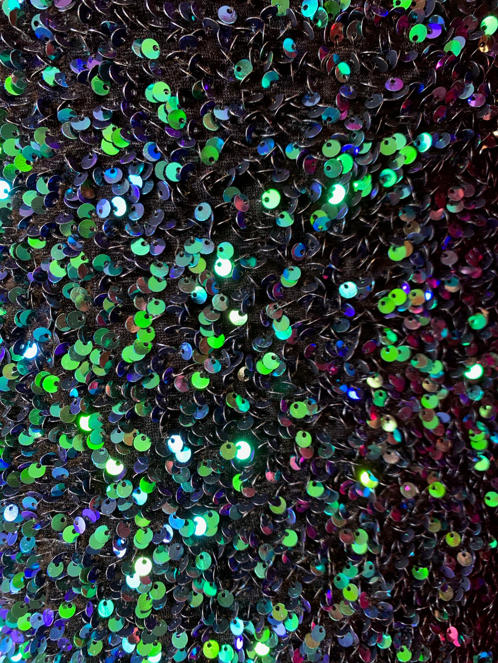 Stephanie GREEN BLUE MERMAID Overlap Sequins on BLACK Stretch Velvet Fabric