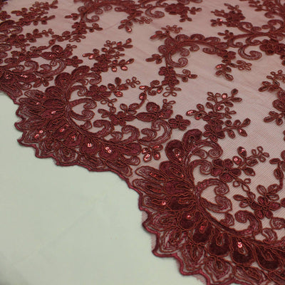 Melody BURGUNDY Polyester Floral Embroidery with Sequins on Mesh Lace Fabric by the Yard for Gown, Wedding, Bridesmaid, Prom - 10002