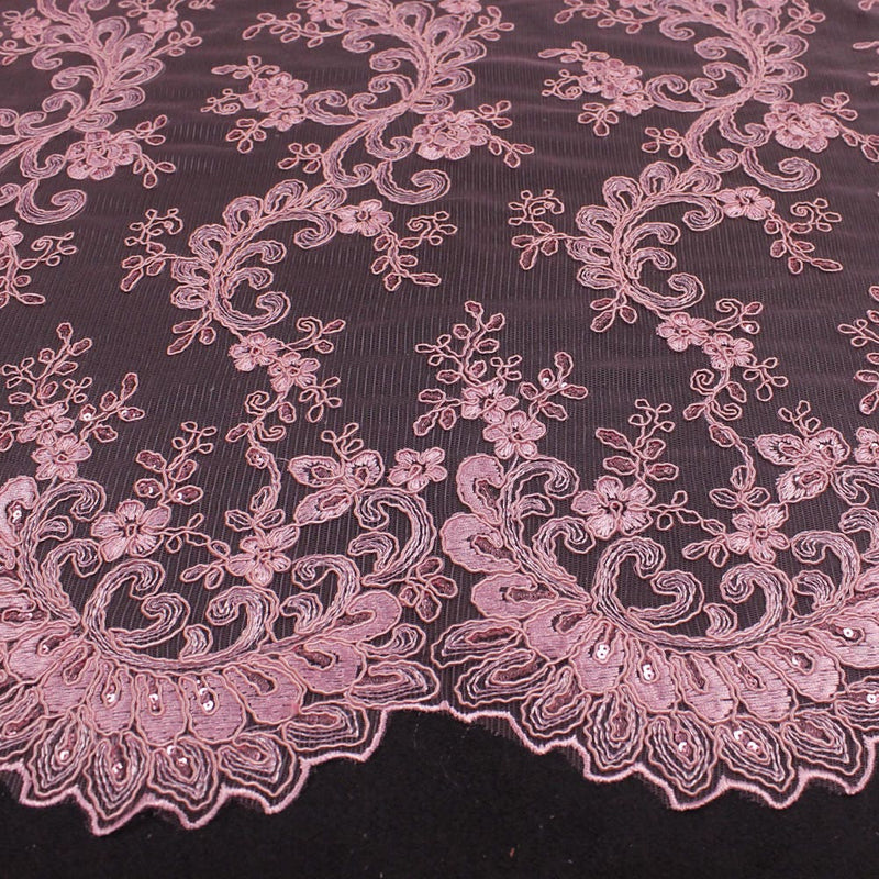 Melody PINK Polyester Floral Embroidery with Sequins on Mesh Lace Fabric by the Yard for Gown, Wedding, Bridesmaid, Prom - 10002