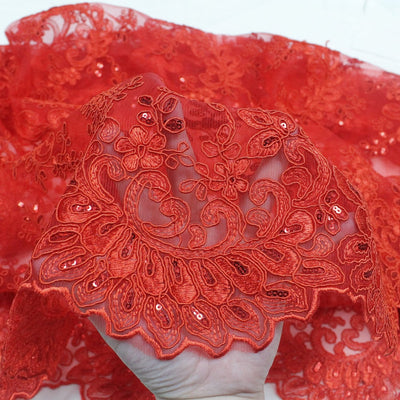 Melody RED Polyester Floral Embroidery with Sequins on Mesh Lace Fabric by the Yard for Gown, Wedding, Bridesmaid, Prom - 10002