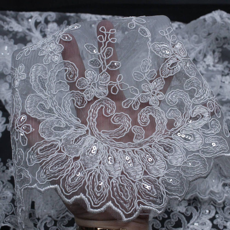Melody WHITE Polyester Floral Embroidery with Sequins on Mesh Lace Fabric by the Yard for Gown, Wedding, Bridesmaid, Prom - 10002