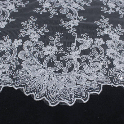 Melody WHITE Polyester Floral Embroidery with Sequins on Mesh Lace Fabric by the Yard for Gown, Wedding, Bridesmaid, Prom - 10002