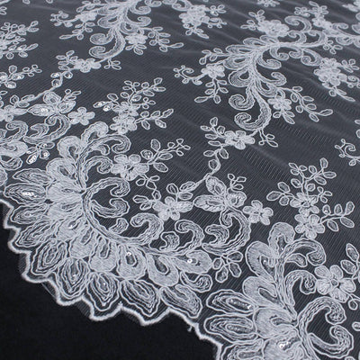 Melody WHITE Polyester Floral Embroidery with Sequins on Mesh Lace Fabric by the Yard for Gown, Wedding, Bridesmaid, Prom - 10002