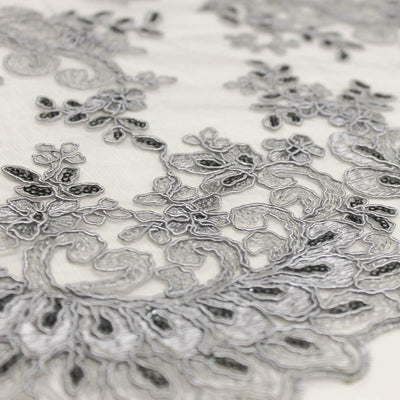 Melody GREY Polyester Floral Embroidery with Sequins on Mesh Lace Fabric by the Yard for Gown, Wedding, Bridesmaid, Prom - 10002