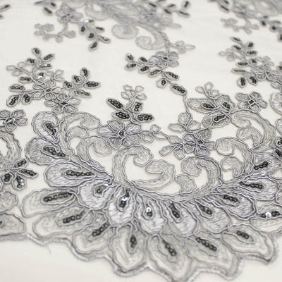 Melody GREY Polyester Floral Embroidery with Sequins on Mesh Lace Fabric by the Yard for Gown, Wedding, Bridesmaid, Prom - 10002