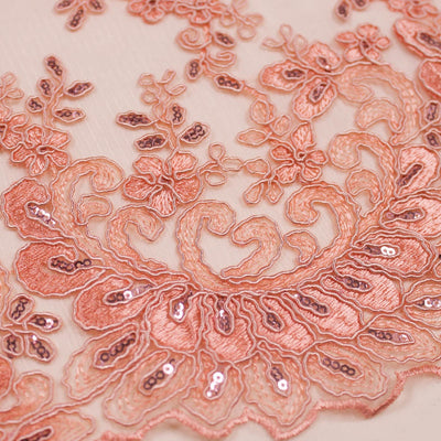 Melody CORAL Polyester Floral Embroidery with Sequins on Mesh Lace Fabric by the Yard for Gown, Wedding, Bridesmaid, Prom - 10002