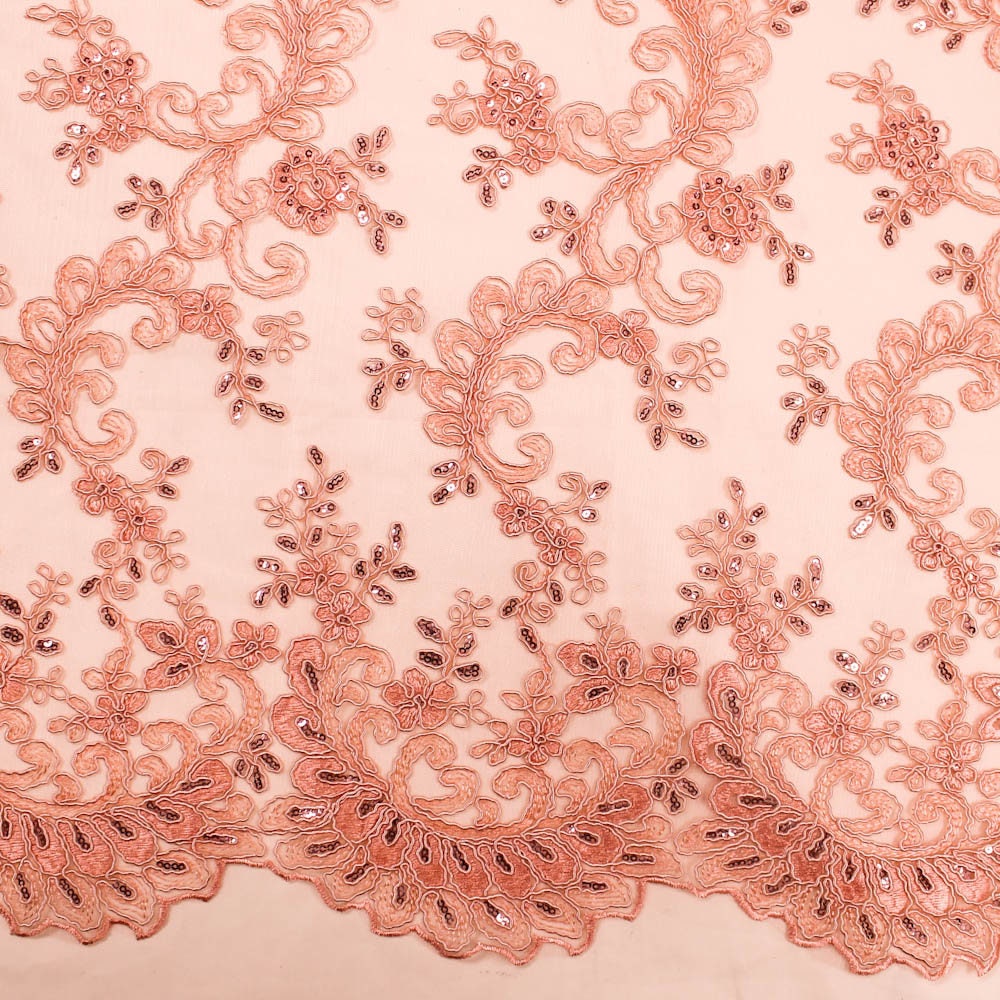 Melody CORAL Polyester Floral Embroidery with Sequins on Mesh Lace Fabric by the Yard for Gown, Wedding, Bridesmaid, Prom - 10002