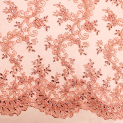 Melody CORAL Polyester Floral Embroidery with Sequins on Mesh Lace Fabric by the Yard for Gown, Wedding, Bridesmaid, Prom - 10002