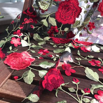 Iris RED Floral and Leaves Embroidery on BLACK Mesh Lace Fabric by the Yard - 10006