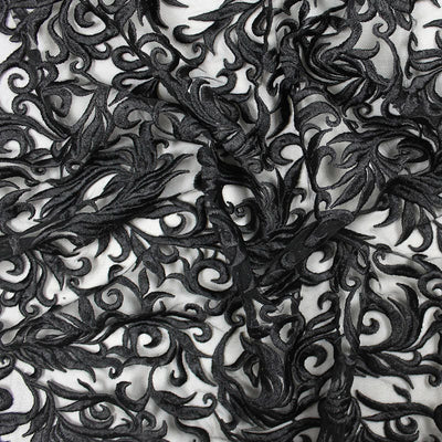Eloise BLACK Scroll Embroidery on Mesh Royalty Heavy Lace Fabric by the Yard - 10007