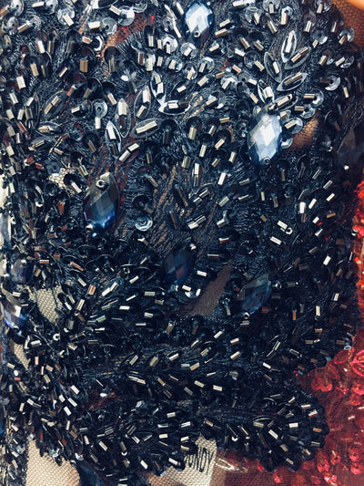 Gracie NAVY BLUE Vegas Peacock Beaded Sequins Embroidered on Mesh Lace Fabric by Panel - 10012