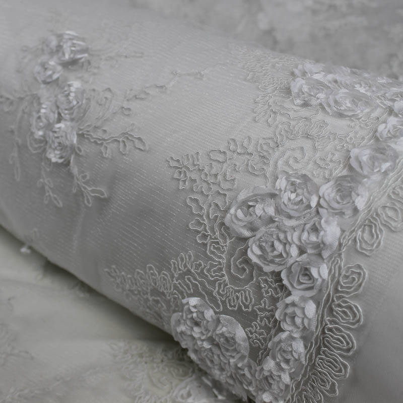 Andrea WHITE 3D Floral Matte Corded Embroidery on Mesh Lace Fabric by the Yard - 10016