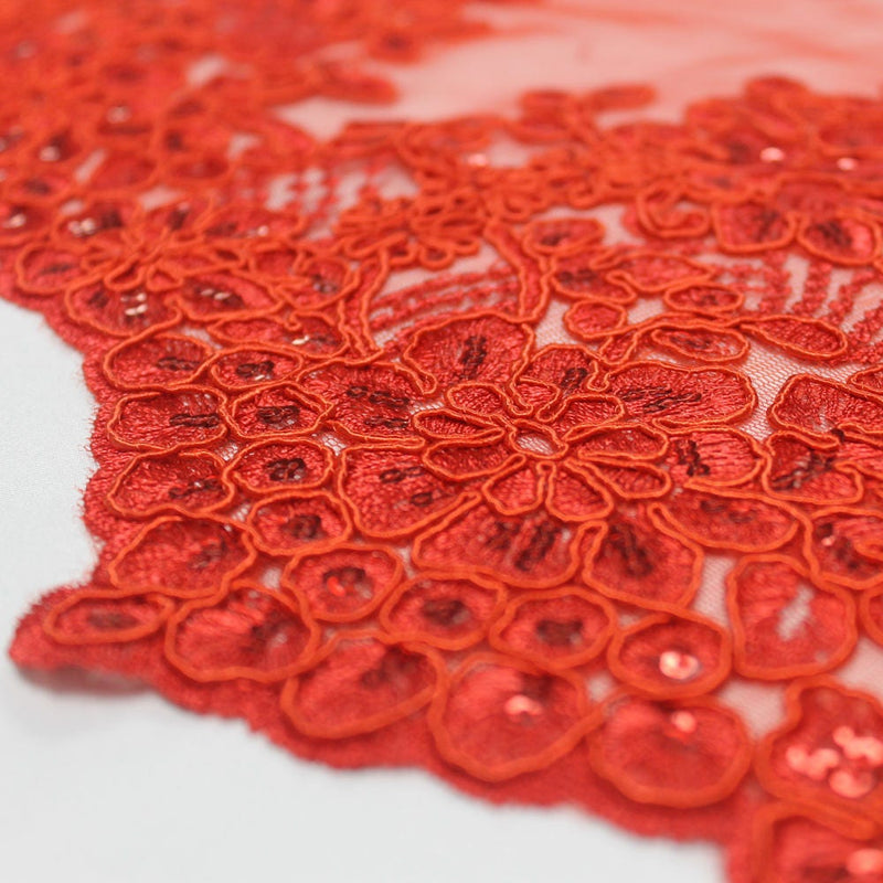 Brianna RED Polyester Floral Embroidery with Sequins on Mesh Lace Fabric by the Yard - 10020