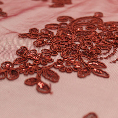 Brianna BURGUNDY Polyester Floral Embroidery with Sequins on Mesh Lace Fabric by the Yard - 10020