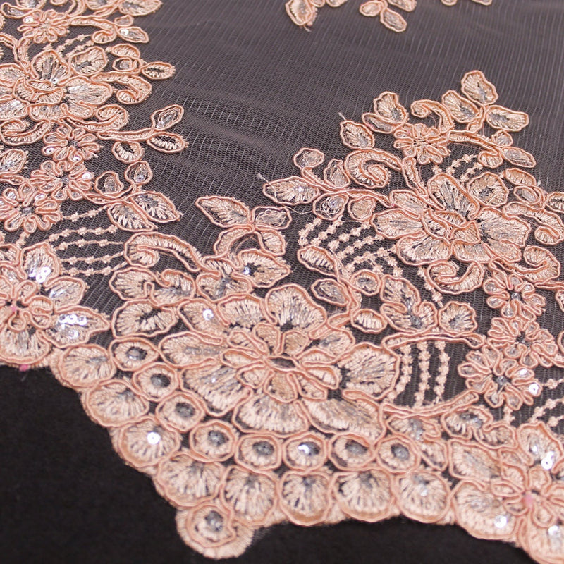 Brianna PEACH Polyester Floral Embroidery with Sequins on Mesh Lace Fabric by the Yard - 10020