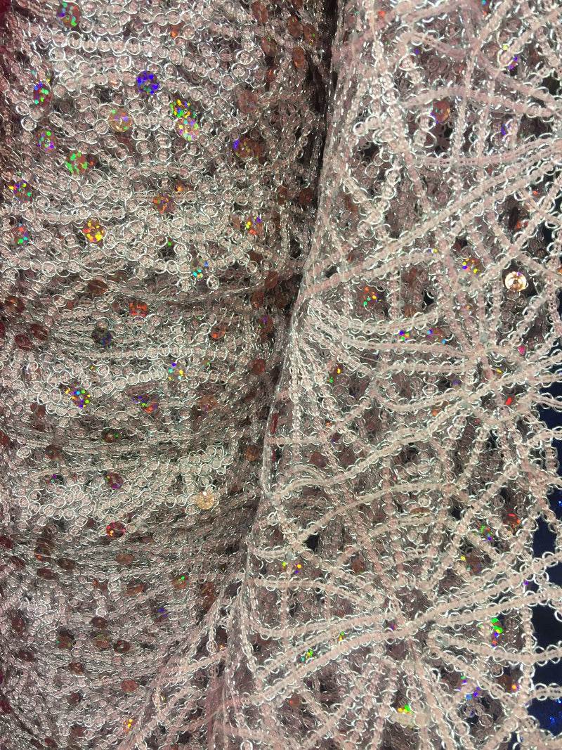 Harmony LIGHT PINK Foil and Sequins Open Weave Lace Fabric by the Yard - 10023