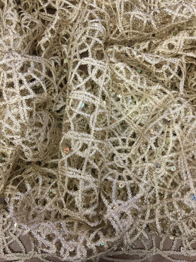 Harmony LIGHT GOLD Foil and Sequins Open Weave Lace Fabric by the Yard - 10023