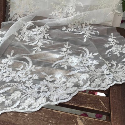 Callie WHITE Polyester Floral Corsage Embroidery on Mesh Lace Fabric by the Yard - 10025