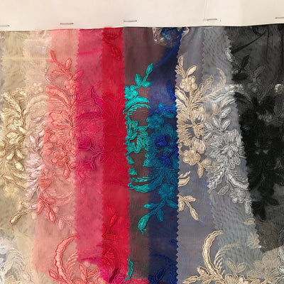 Callie WHITE Polyester Floral Corsage Embroidery on Mesh Lace Fabric by the Yard - 10025