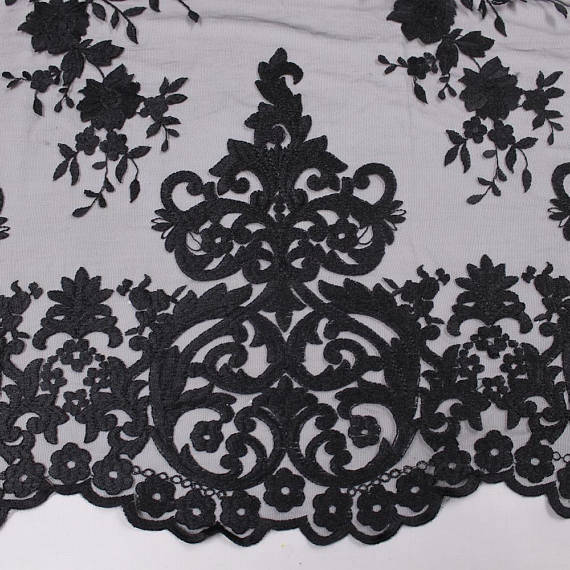 Teagan BLACK Damask Design Embroidered on Mesh Lace Fabric by the Yard - 10027