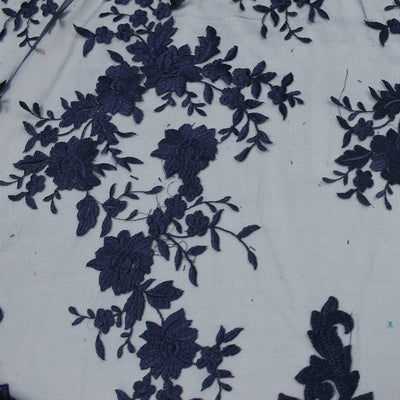 Teagan NAVY BLUE Damask Design Embroidered on Mesh Lace Fabric by the Yard - 10027