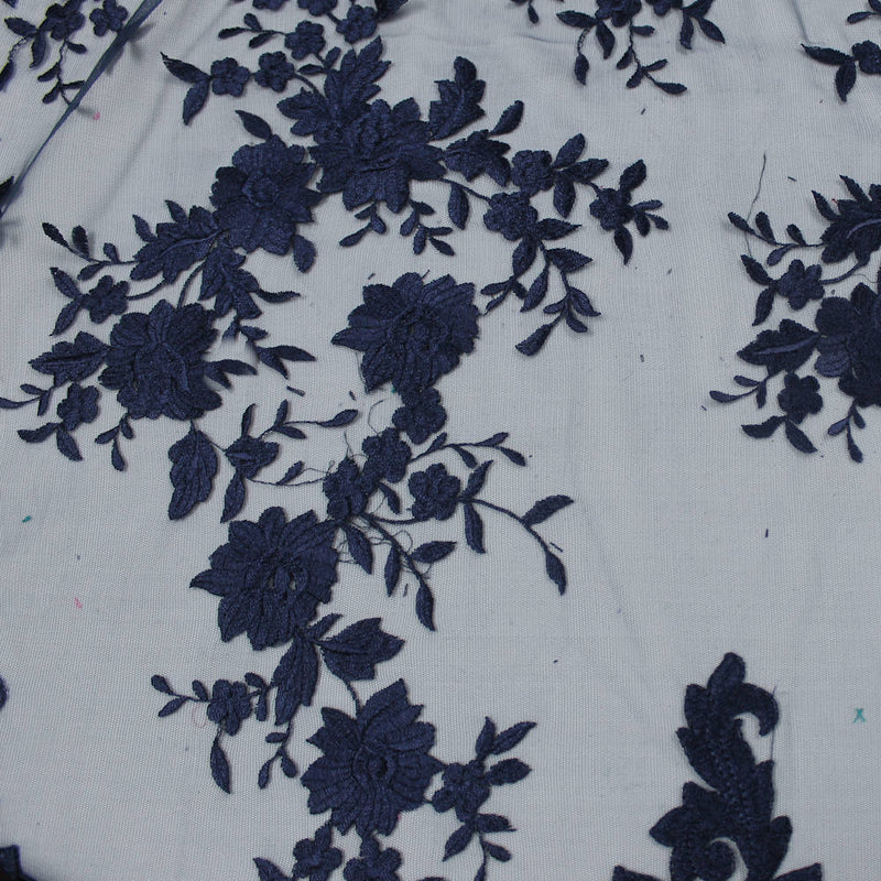 Teagan NAVY BLUE Damask Design Embroidered on Mesh Lace Fabric by the Yard - 10027