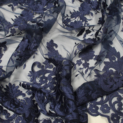 Teagan NAVY BLUE Damask Design Embroidered on Mesh Lace Fabric by the Yard - 10027