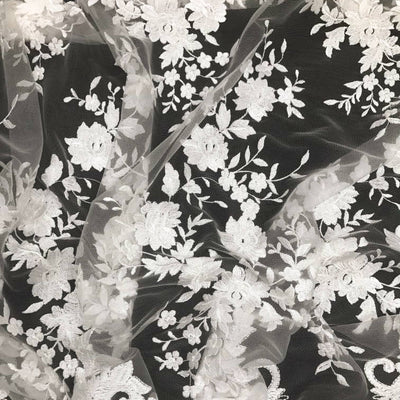 Teagan IVORY Damask Design Embroidered on Mesh Lace Fabric by the Yard - 10027