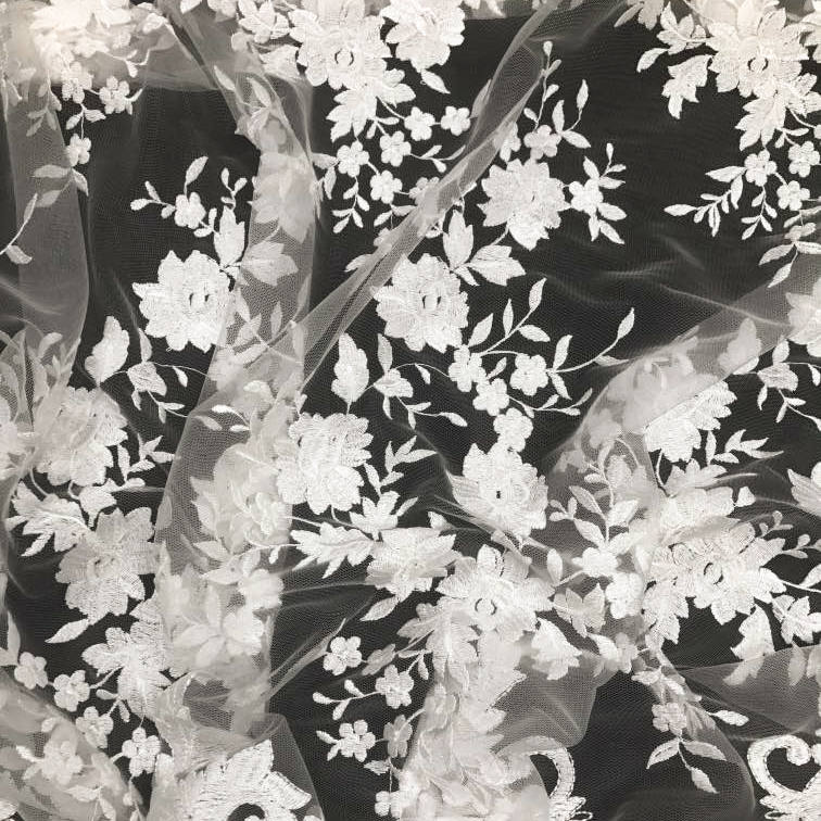 Teagan IVORY Damask Design Embroidered on Mesh Lace Fabric by the Yard - 10027