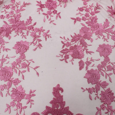 Teagan PINK Damask Design Embroidered on Mesh Lace Fabric by the Yard - 10027