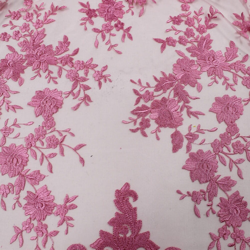 Teagan PINK Damask Design Embroidered on Mesh Lace Fabric by the Yard - 10027
